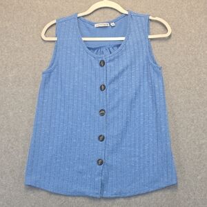 Notations Blue Sleeveless Button Front Top Ribbed Knit Tank PM